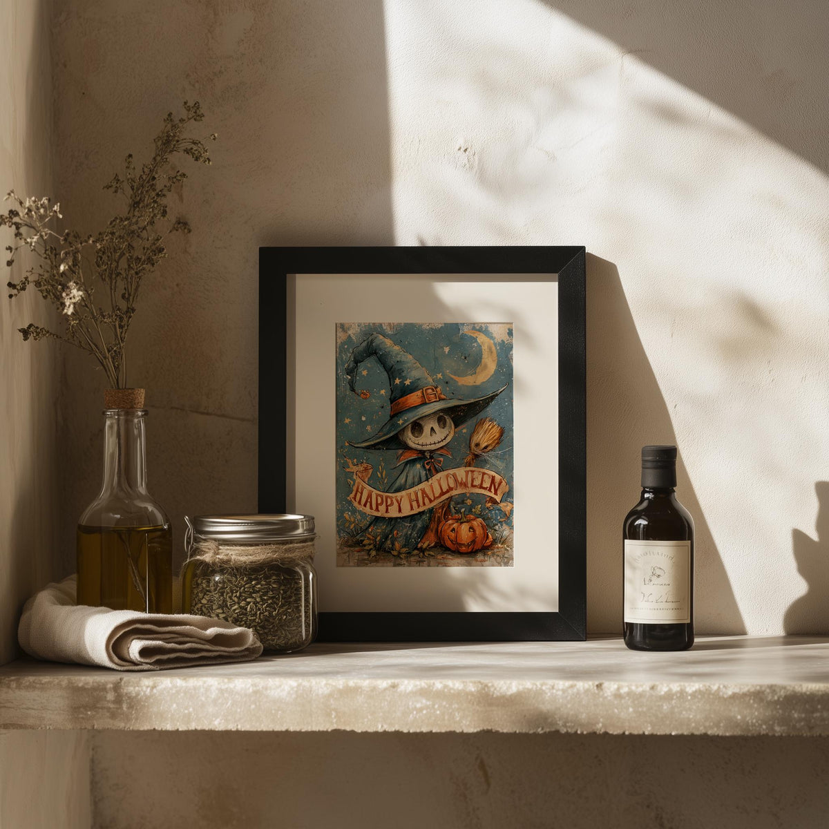 Skeleton Scarecrow Halloween art print shown in a room setting