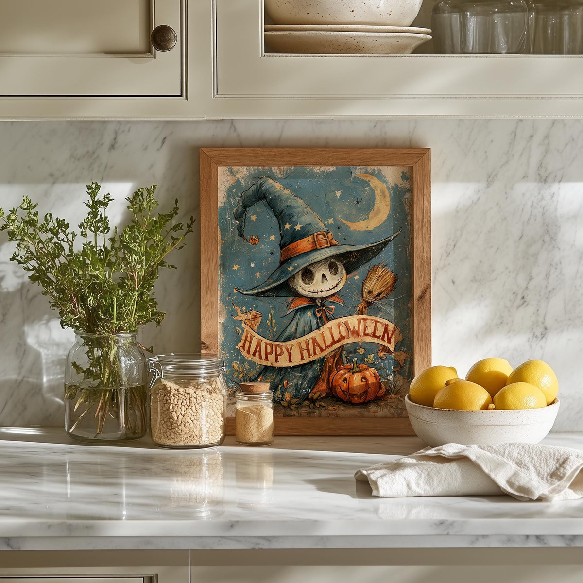 Skeleton Scarecrow Halloween art print shown in a room setting