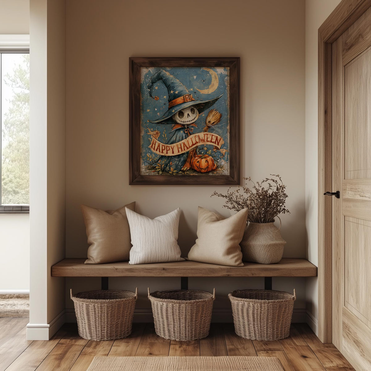 Skeleton Scarecrow Halloween art print shown in a room setting