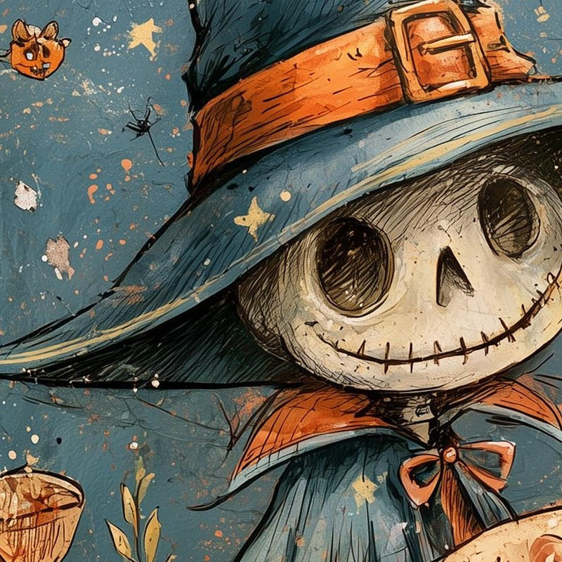 Skeleton Scarecrow Halloween art print close-up detail