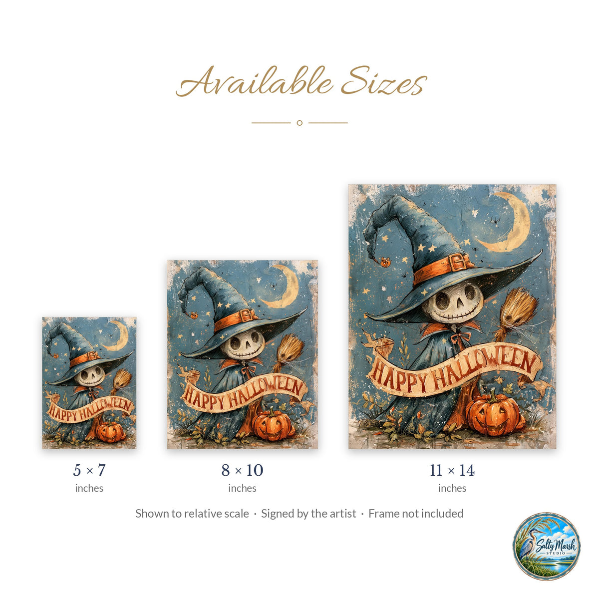 Skeleton Scarecrow art print size guide: 5x7, 8x10 and 11x14