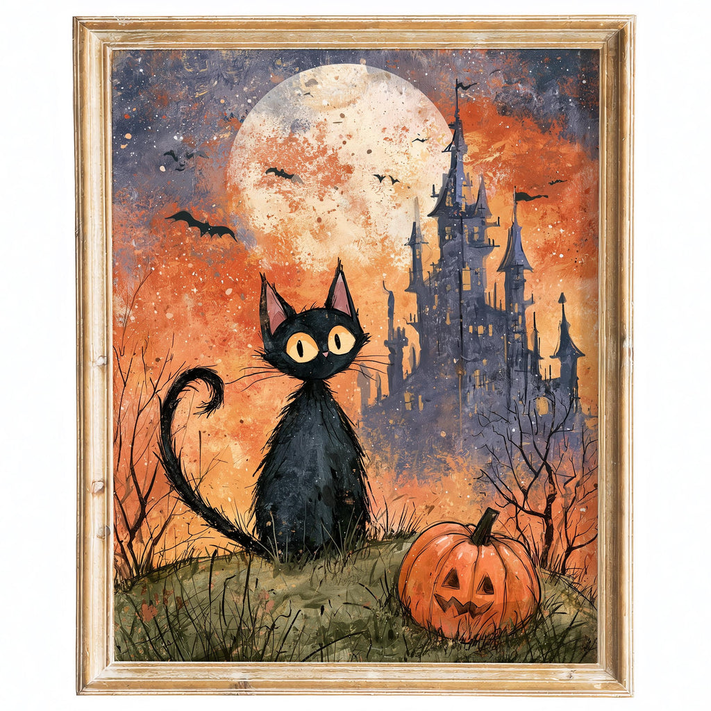 Castle Black Cat Halloween art print framed