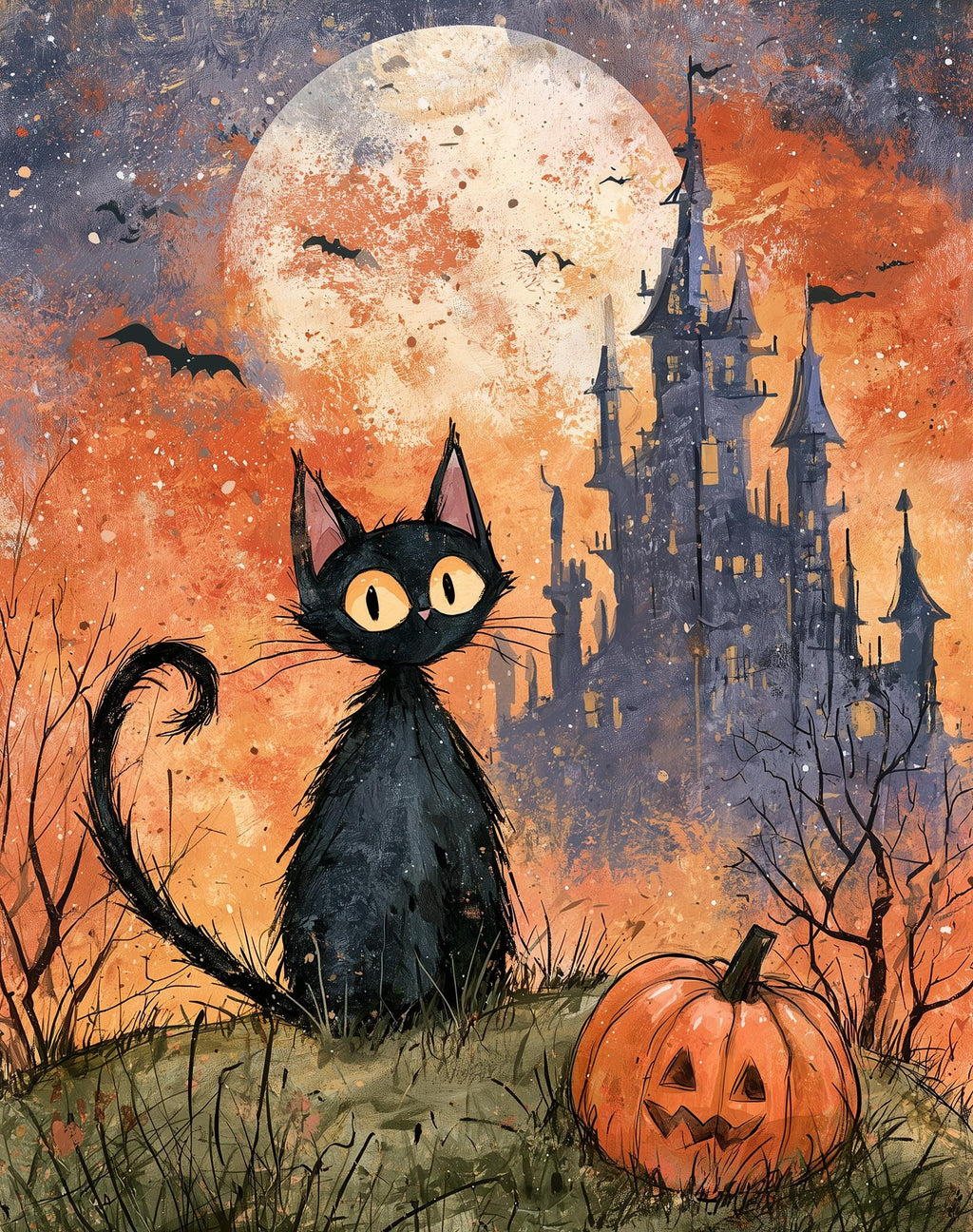 Castle Black Cat Halloween art print unframed, signed by Pattie Overcash