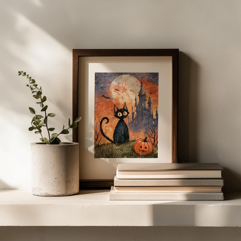 Castle Black Cat Halloween art print shown in a room setting