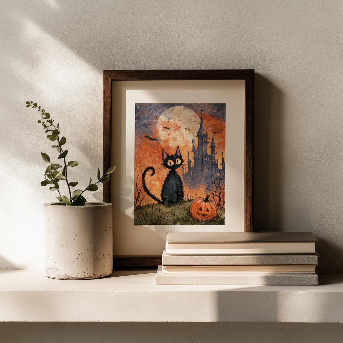 Castle Black Cat Halloween art print shown in a room setting