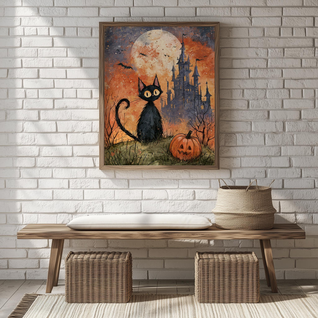 Castle Black Cat Halloween art print shown in a room setting