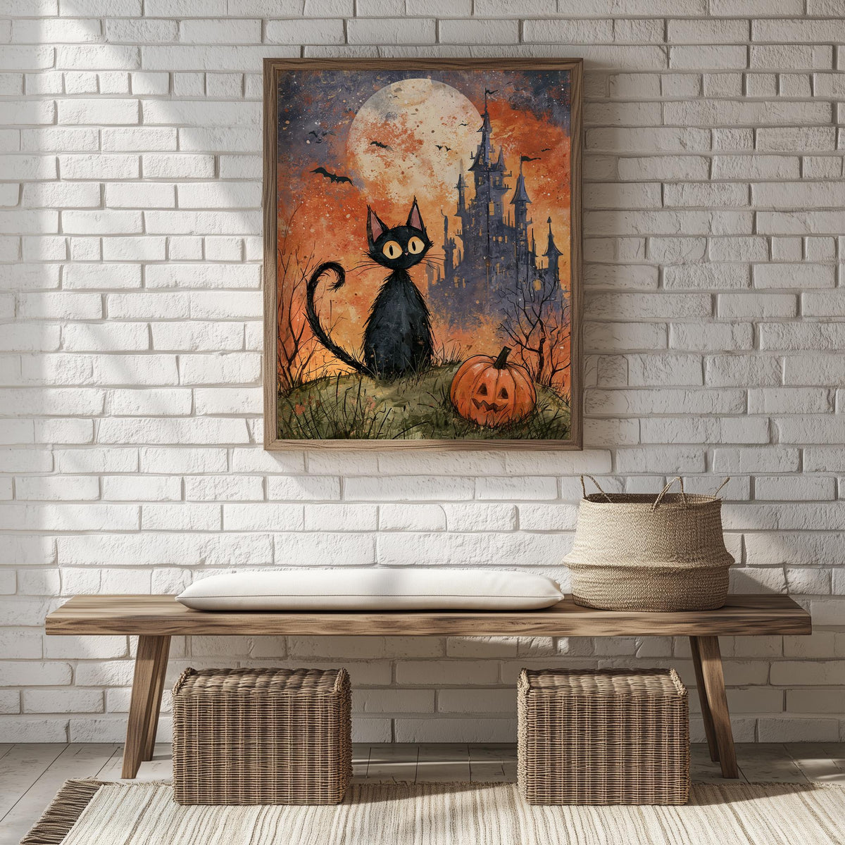 Castle Black Cat Halloween art print shown in a room setting