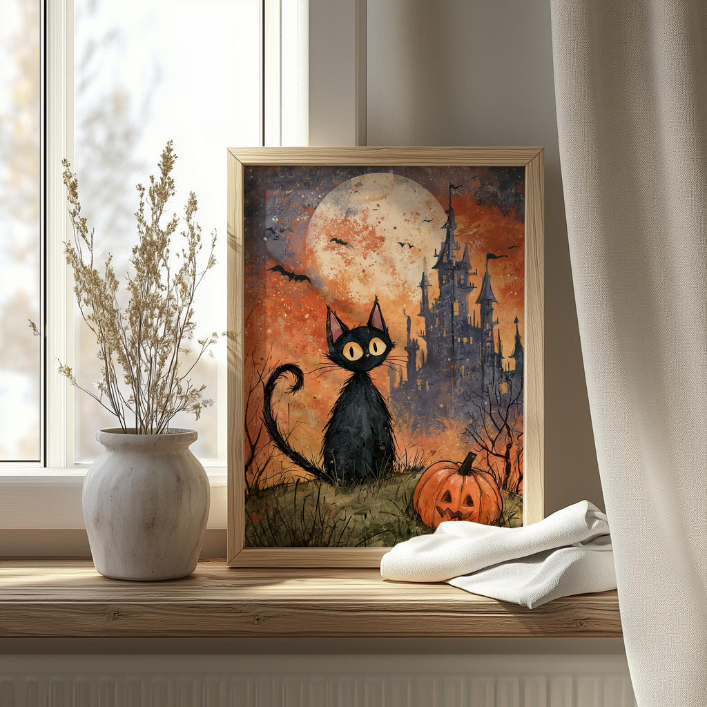 Castle Black Cat Halloween art print shown in a room setting