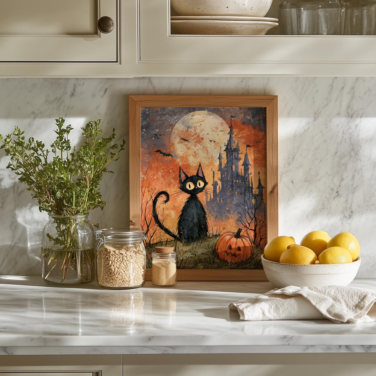 Castle Black Cat Halloween art print shown in a room setting