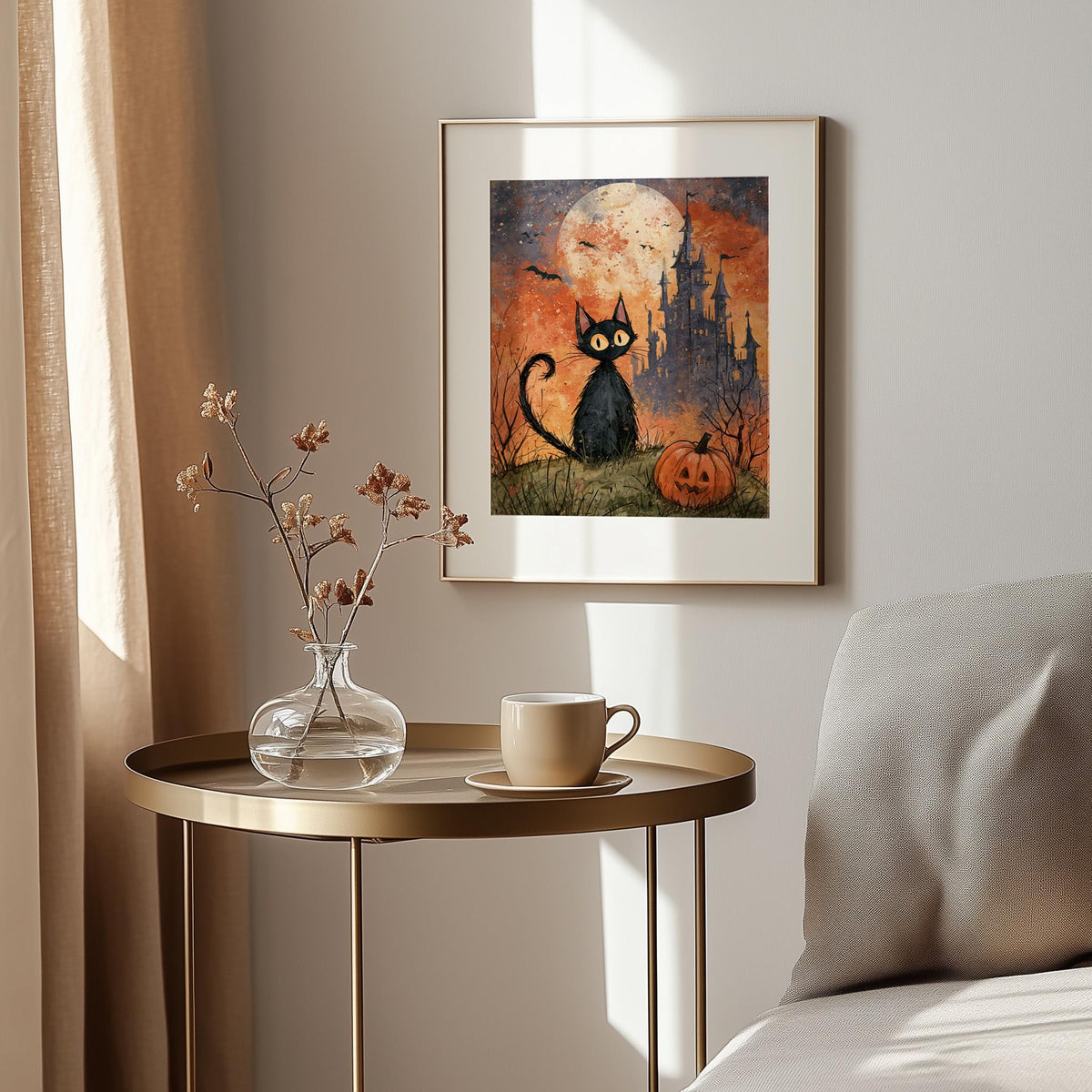 Castle Black Cat Halloween art print shown in a room setting