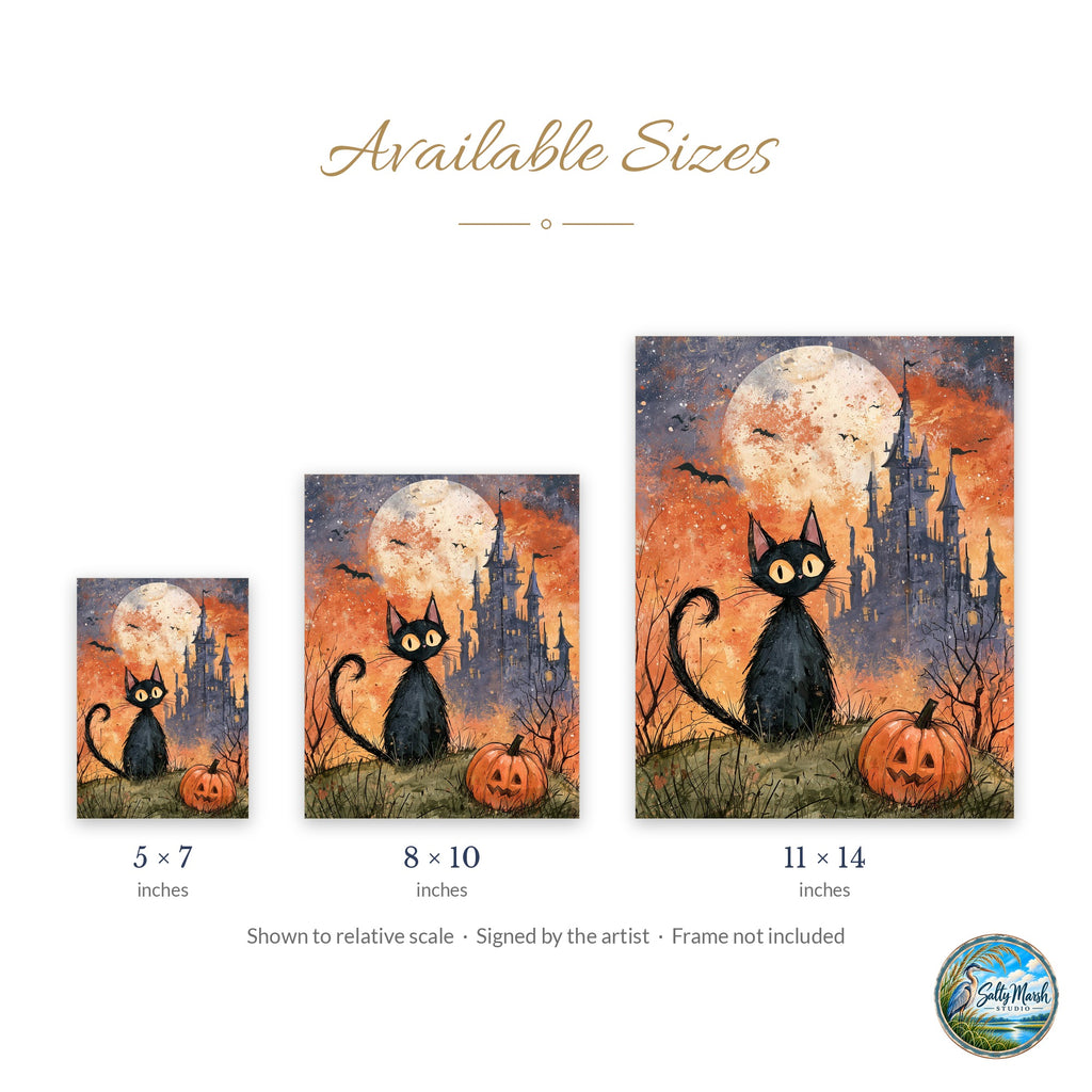 Castle Black Cat art print size guide: 5x7, 8x10 and 11x14