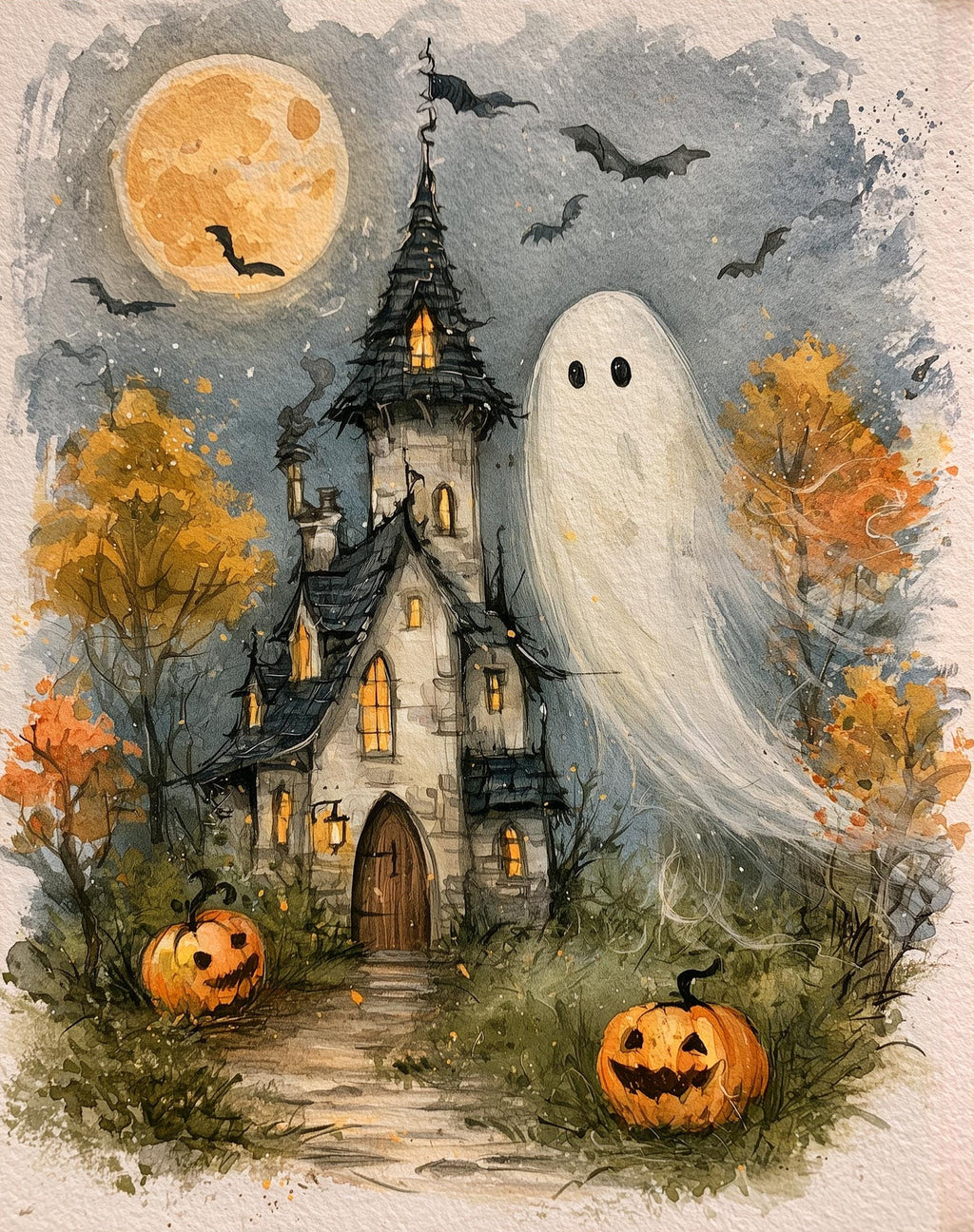 Haunted House Ghost Halloween art print unframed, signed by Pattie Overcash