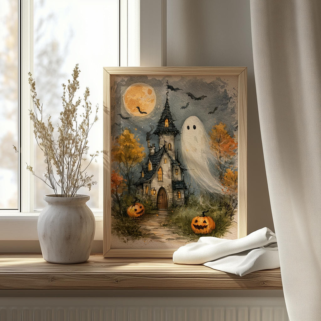 Haunted House Ghost Halloween art print shown in a room setting