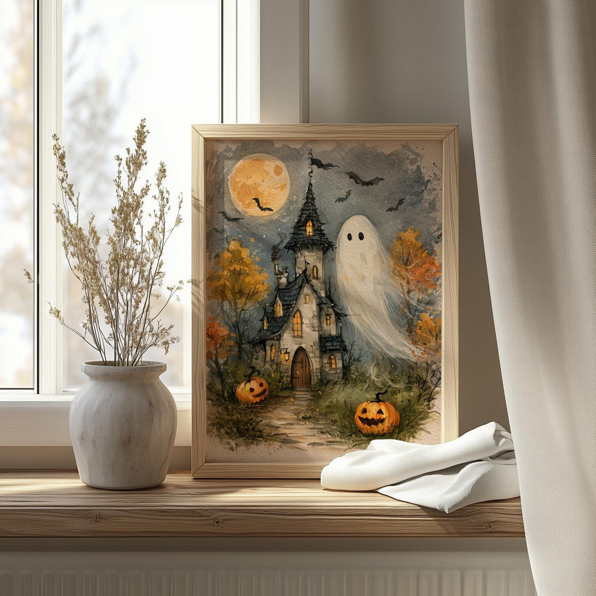 Haunted House Ghost Halloween art print shown in a room setting