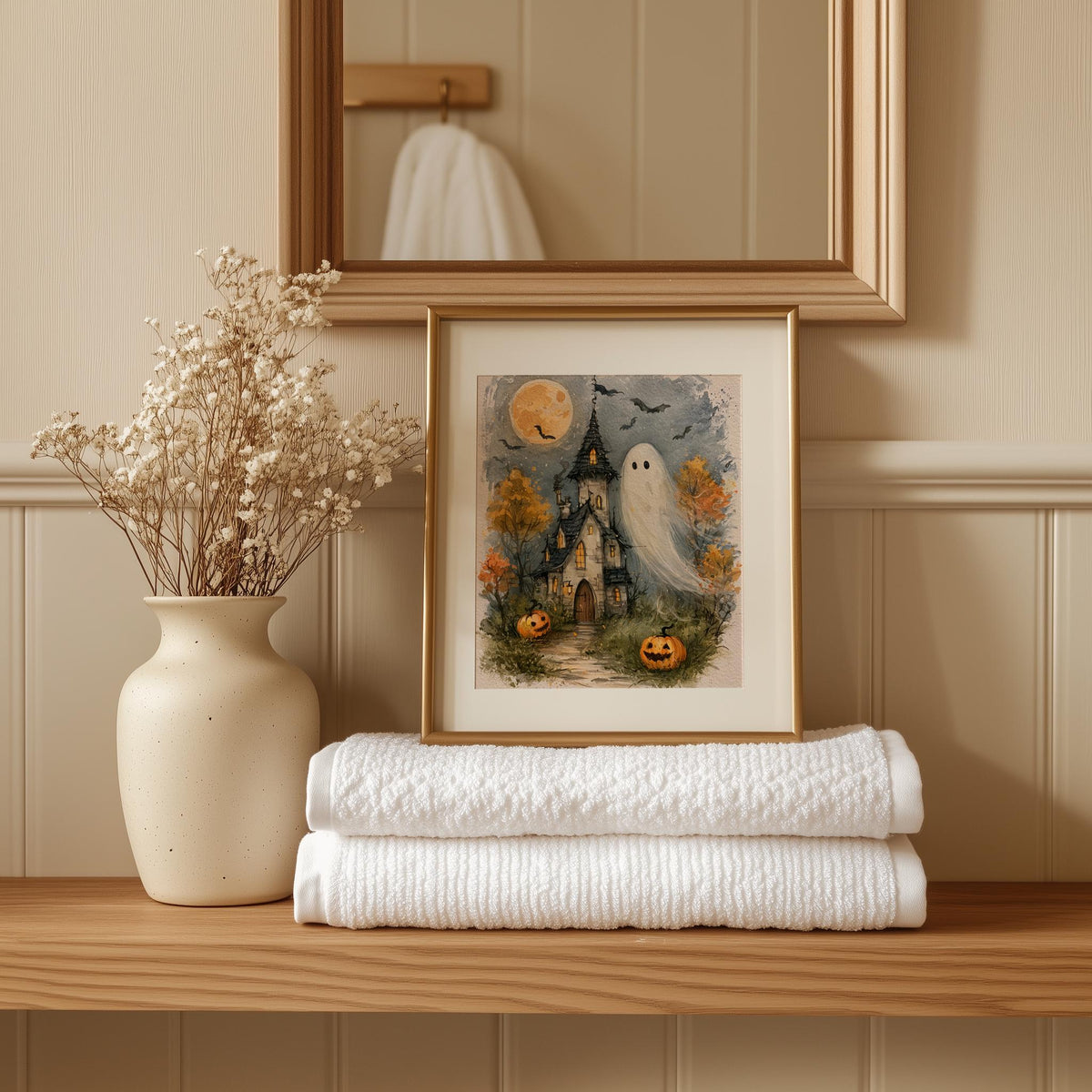 Haunted House Ghost Halloween art print shown in a room setting