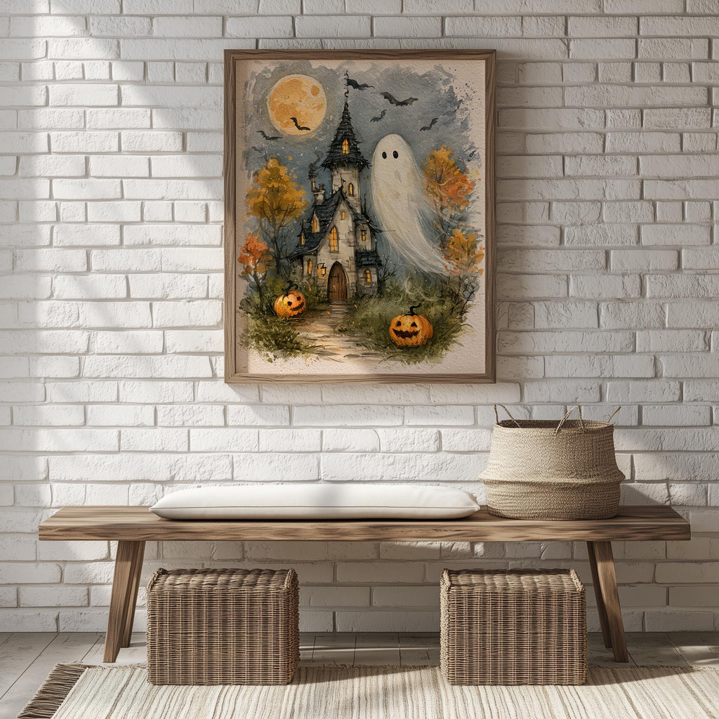 Haunted House Ghost Halloween art print shown in a room setting