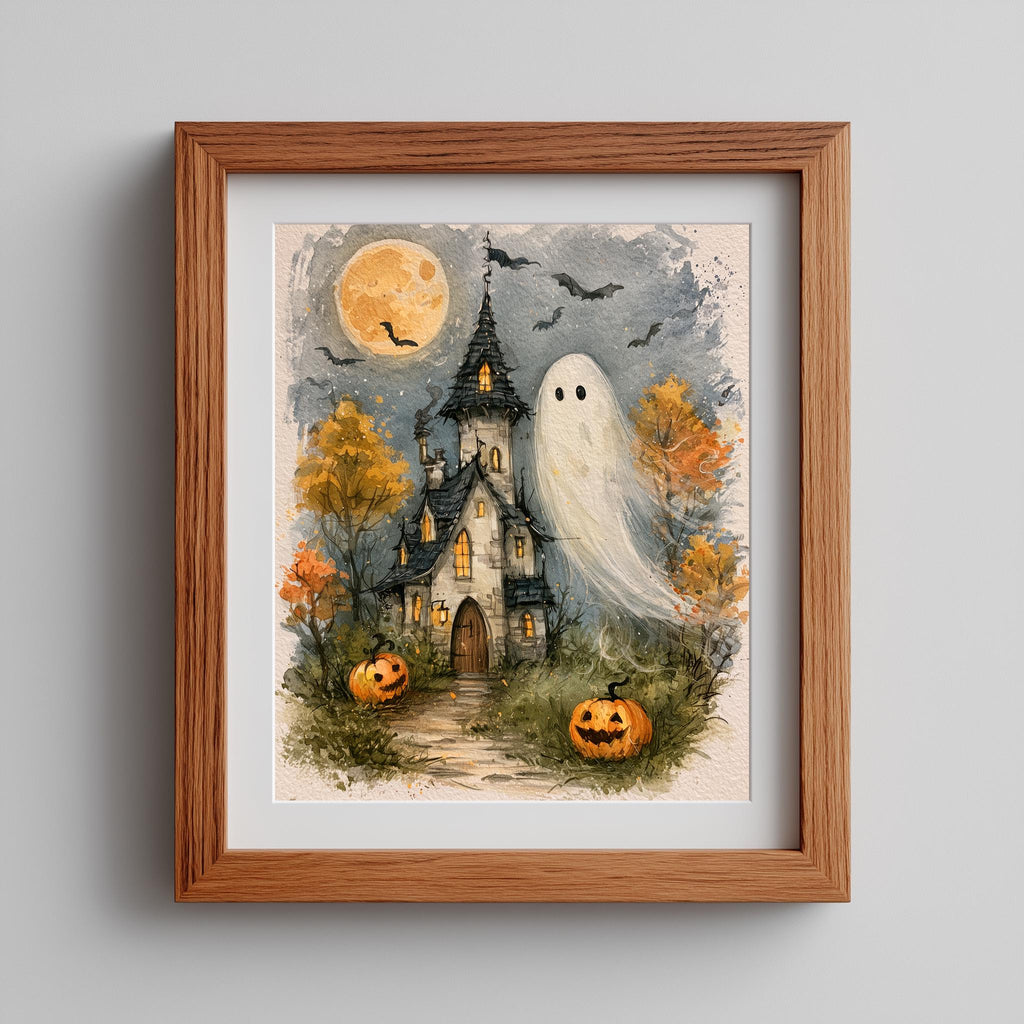 Haunted House Ghost Halloween art print shown in a room setting