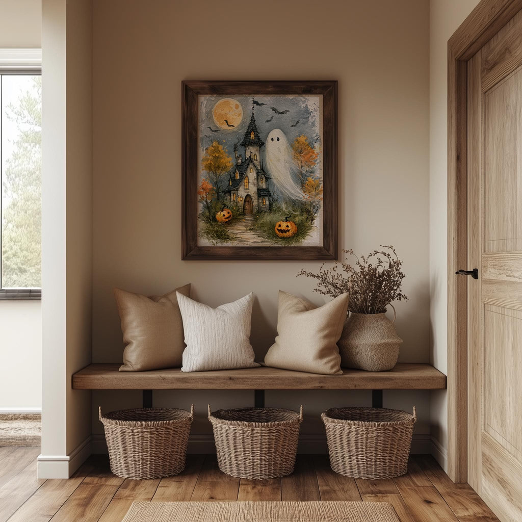 Haunted House Ghost Halloween art print shown in a room setting