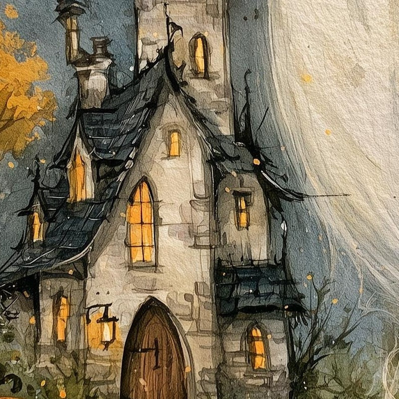 Haunted House Ghost Halloween art print close-up detail