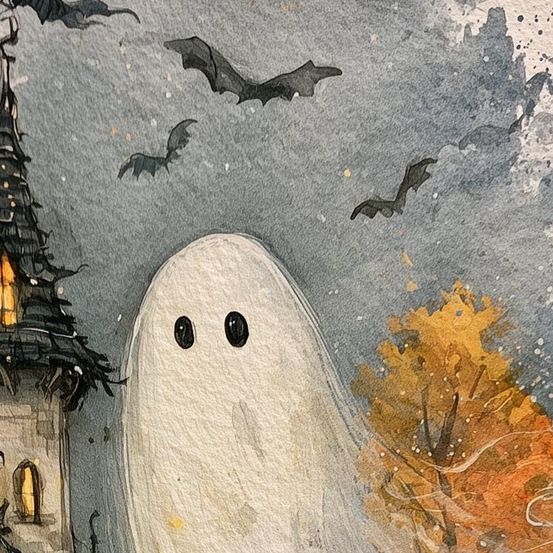 Haunted House Ghost Halloween art print close-up detail