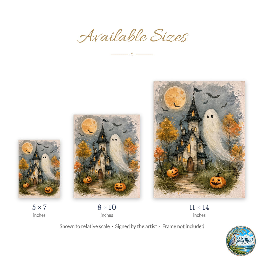 Haunted House Ghost art print size guide: 5x7, 8x10 and 11x14
