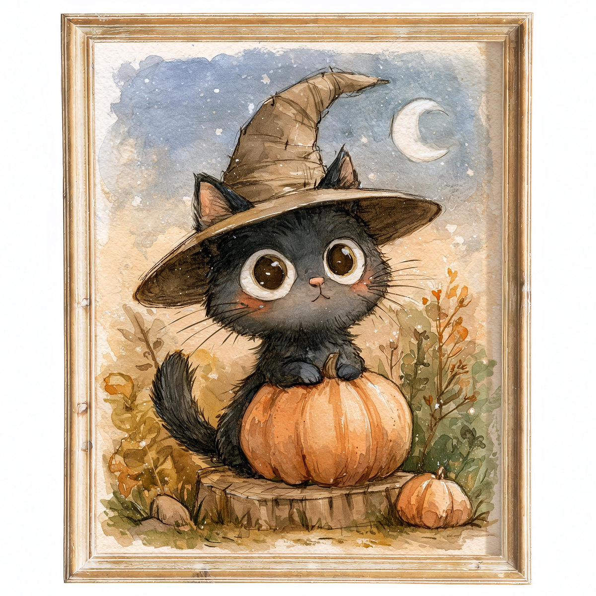 Kitten Witch Pumpkin Halloween art print framed