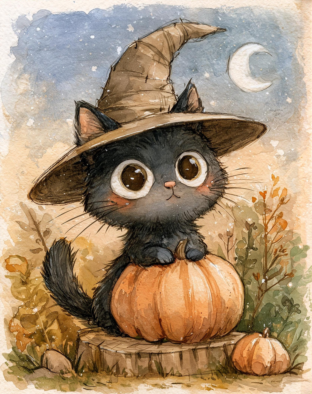 Kitten Witch Pumpkin Halloween art print unframed, signed by Pattie Overcash