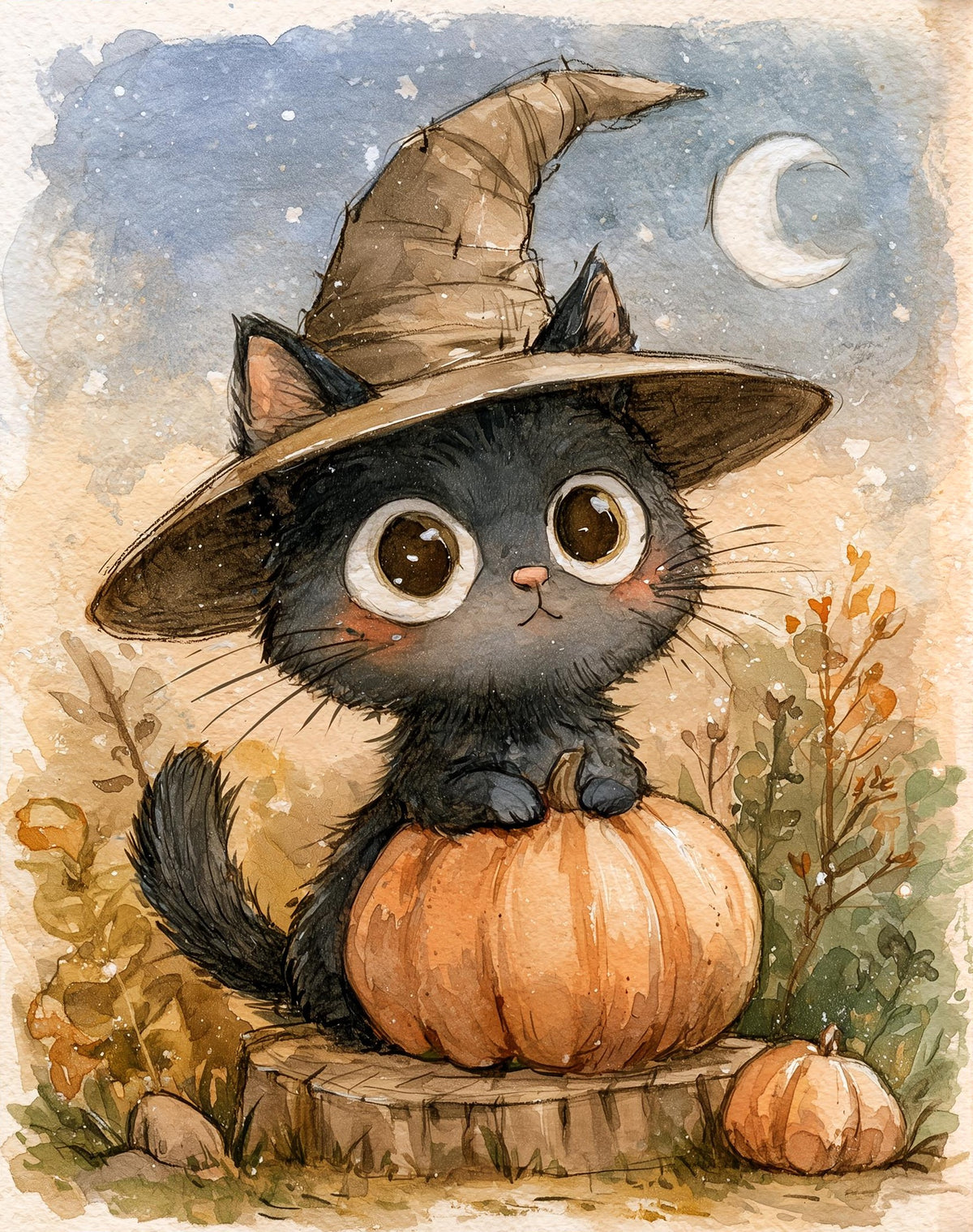 Kitten Witch Pumpkin Halloween art print unframed, signed by Pattie Overcash