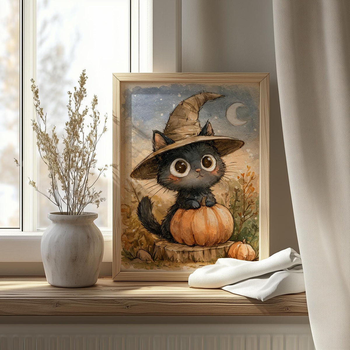 Kitten Witch Pumpkin Halloween art print shown in a room setting