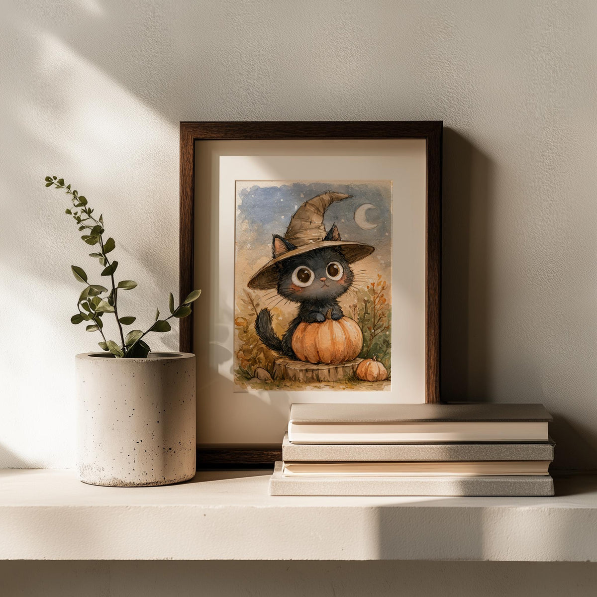 Kitten Witch Pumpkin Halloween art print shown in a room setting