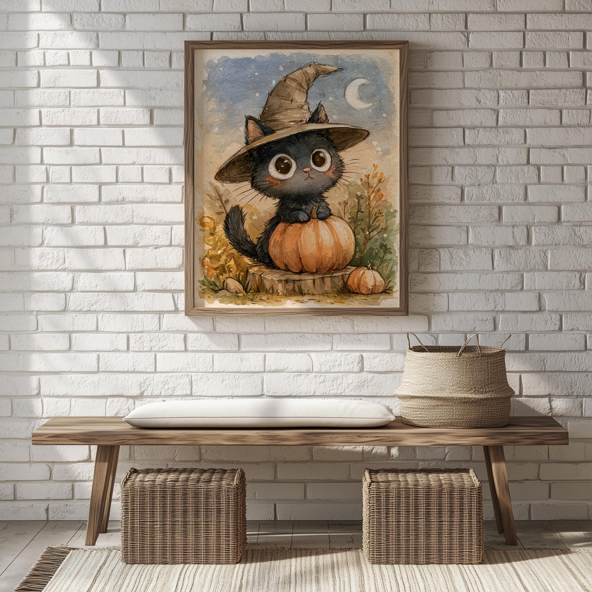 Kitten Witch Pumpkin Halloween art print shown in a room setting