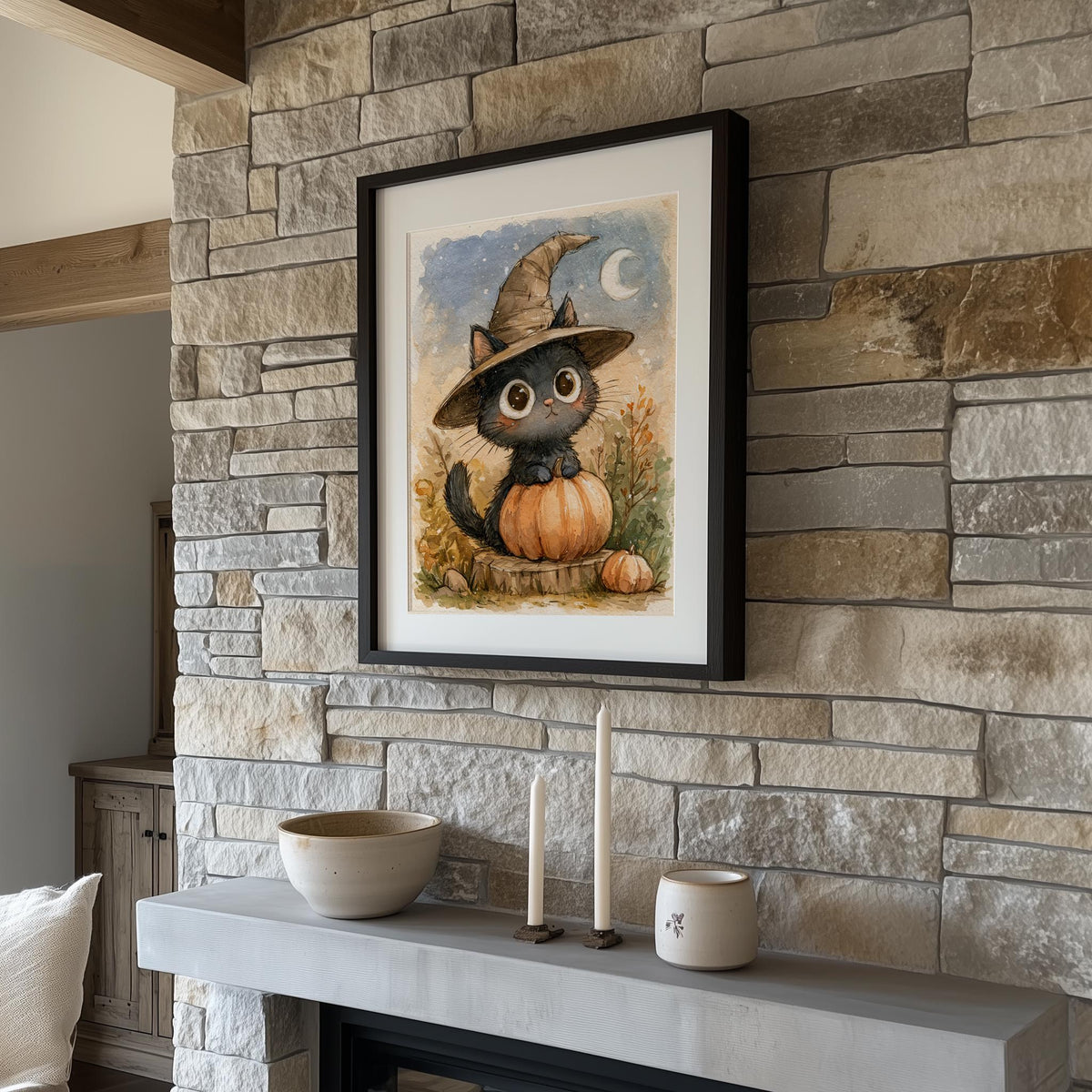 Kitten Witch Pumpkin Halloween art print shown in a room setting
