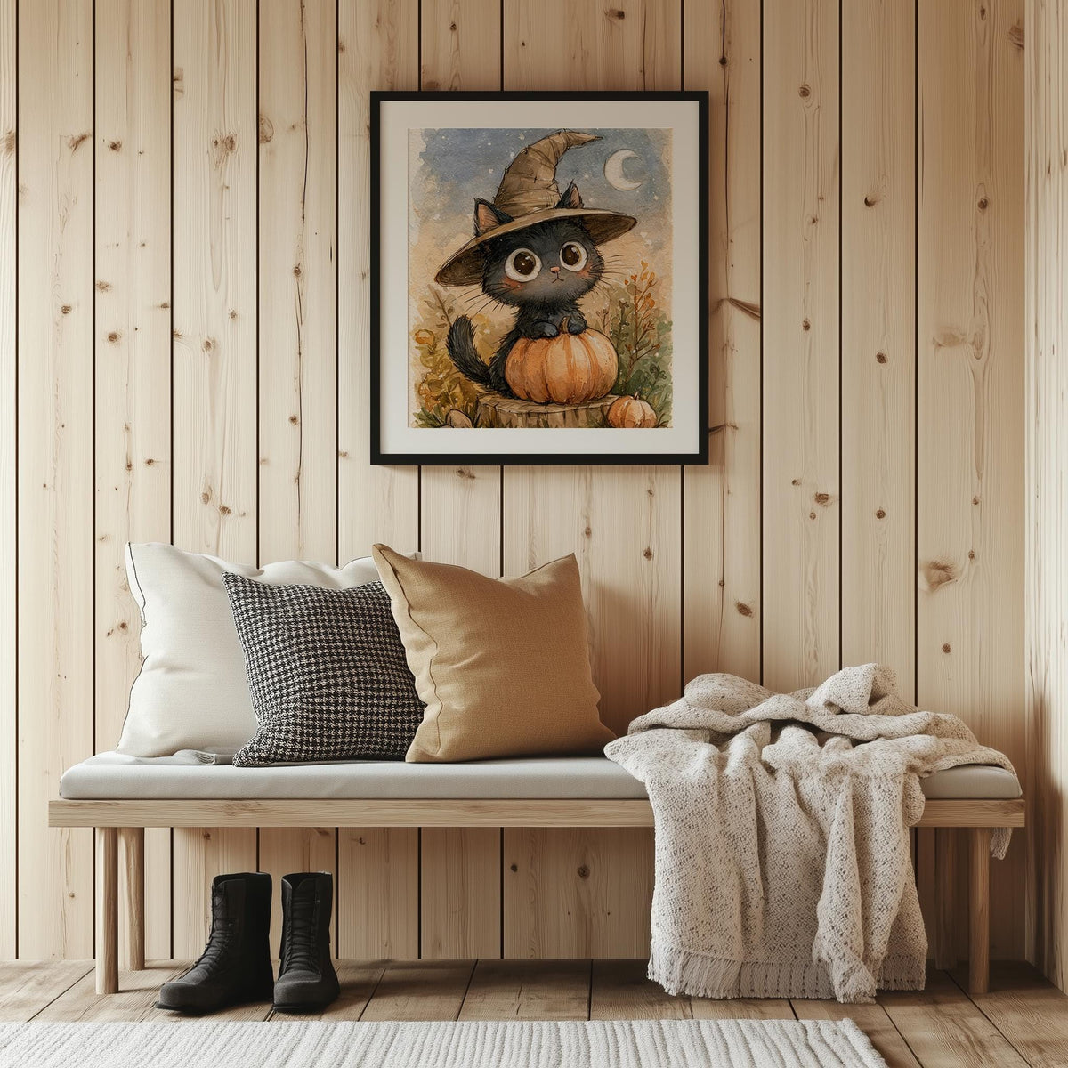 Kitten Witch Pumpkin Halloween art print shown in a room setting