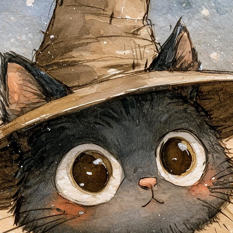 Kitten Witch Pumpkin Halloween art print close-up detail