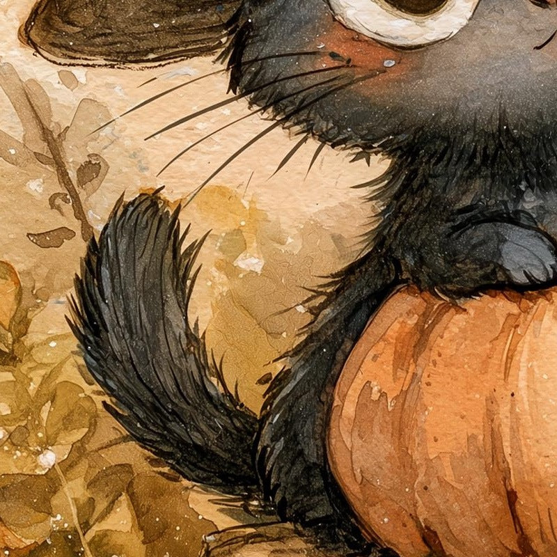 Kitten Witch Pumpkin Halloween art print close-up detail