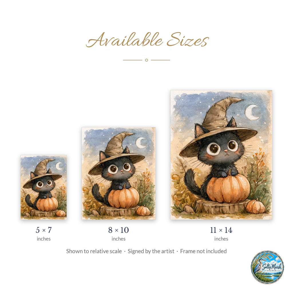 Kitten Witch Pumpkin art print size guide: 5x7, 8x10 and 11x14