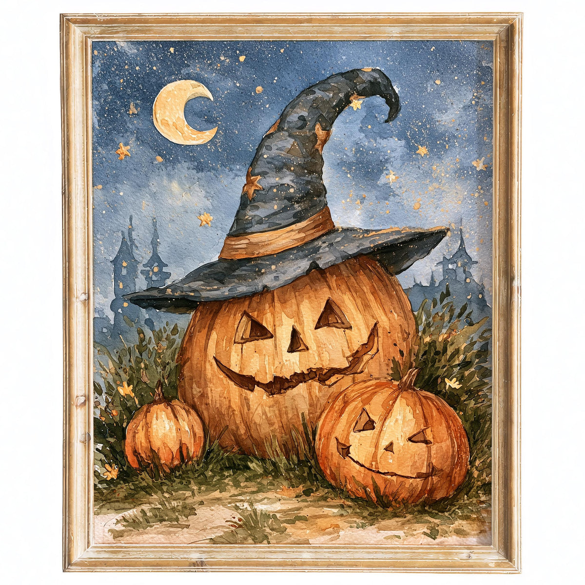 Moon Witch Hat Pumpkin Halloween art print framed