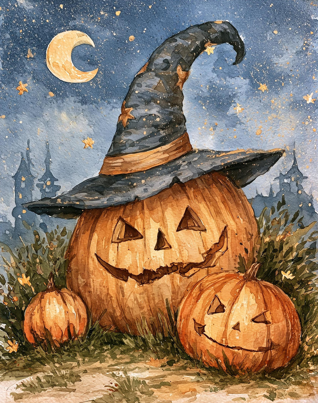 Moon Witch Hat Pumpkin Halloween art print unframed, signed by Pattie Overcash