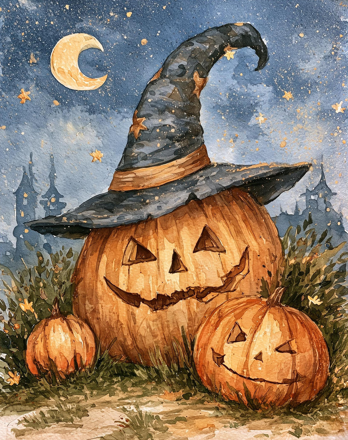 Moon Witch Hat Pumpkin Halloween art print unframed, signed by Pattie Overcash