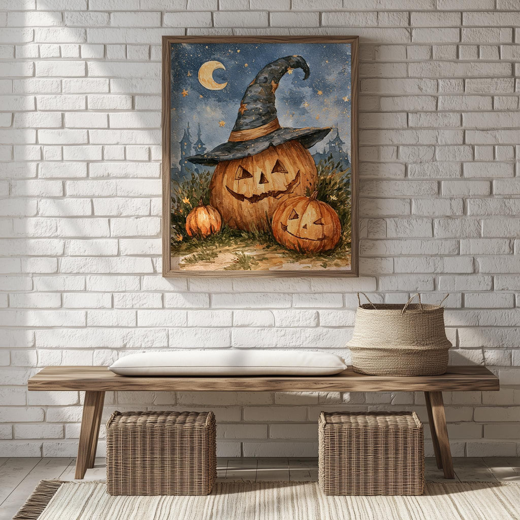 Moon Witch Hat Pumpkin Halloween art print shown in a room setting