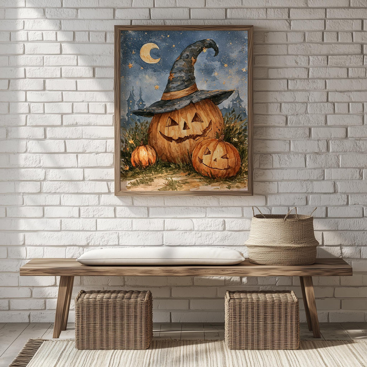 Moon Witch Hat Pumpkin Halloween art print shown in a room setting