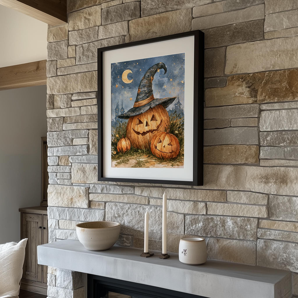 Moon Witch Hat Pumpkin Halloween art print shown in a room setting