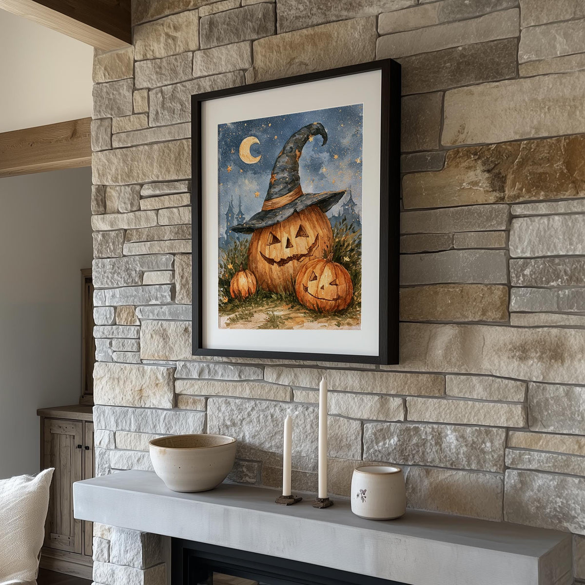 Moon Witch Hat Pumpkin Halloween art print shown in a room setting
