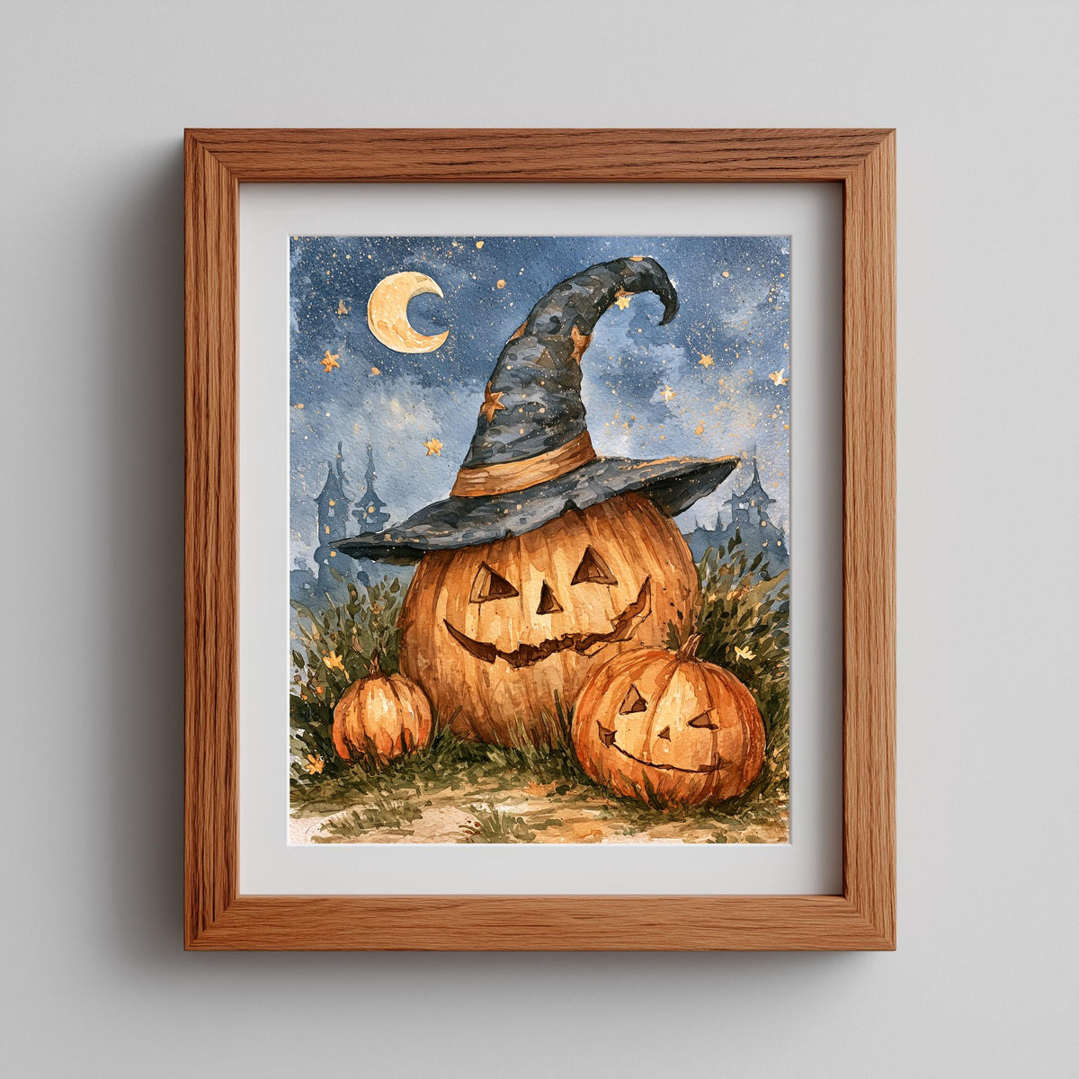 Moon Witch Hat Pumpkin Halloween art print shown in a room setting