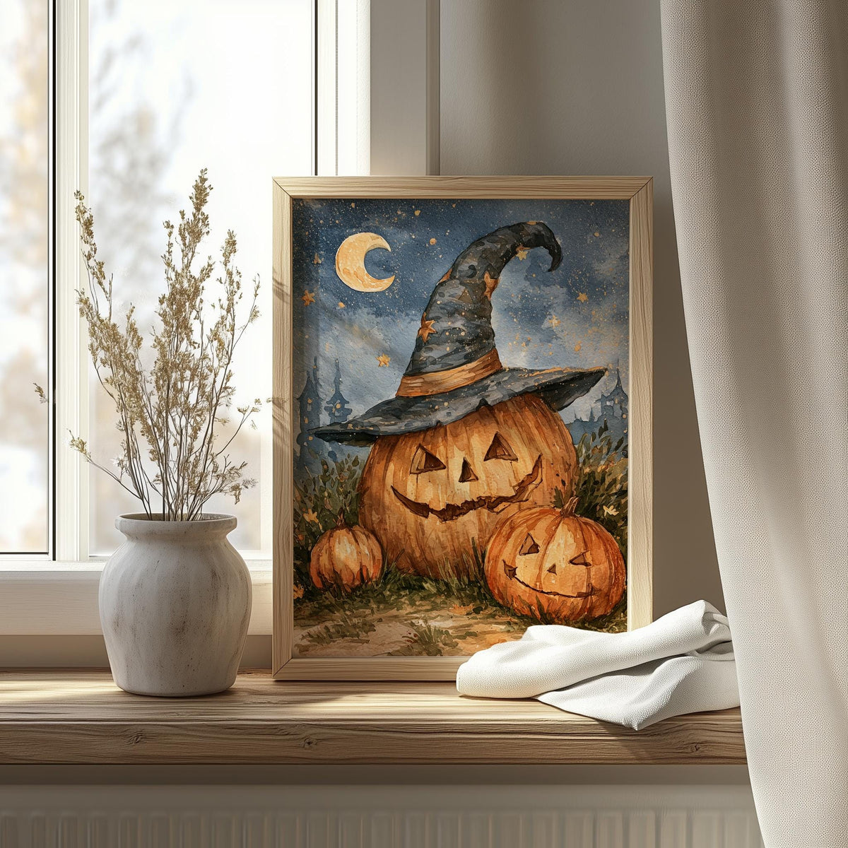 Moon Witch Hat Pumpkin Halloween art print shown in a room setting