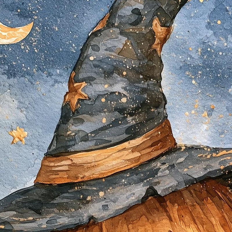 Moon Witch Hat Pumpkin Halloween art print close-up detail