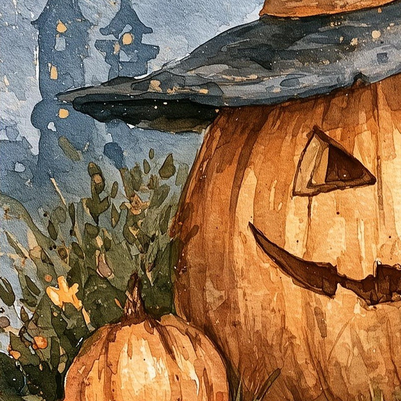 Moon Witch Hat Pumpkin Halloween art print close-up detail