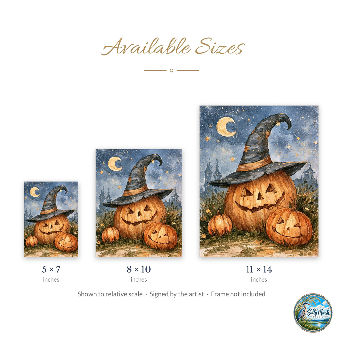 Moon Witch Hat Pumpkin art print size guide: 5x7, 8x10 and 11x14