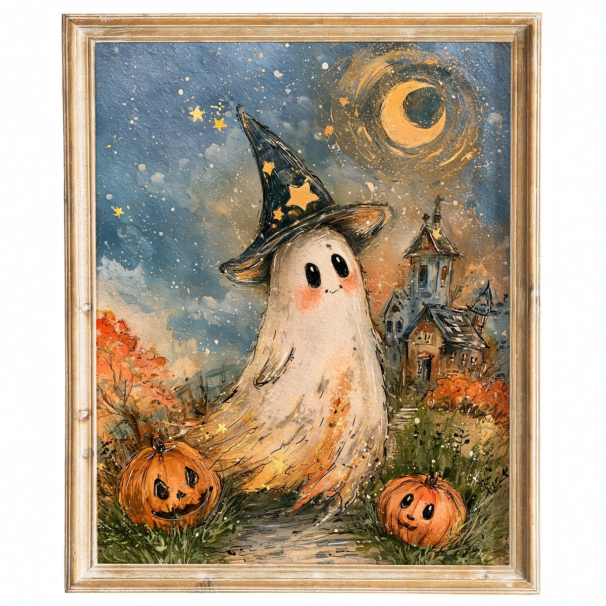 Starry Hat Ghost Halloween art print framed