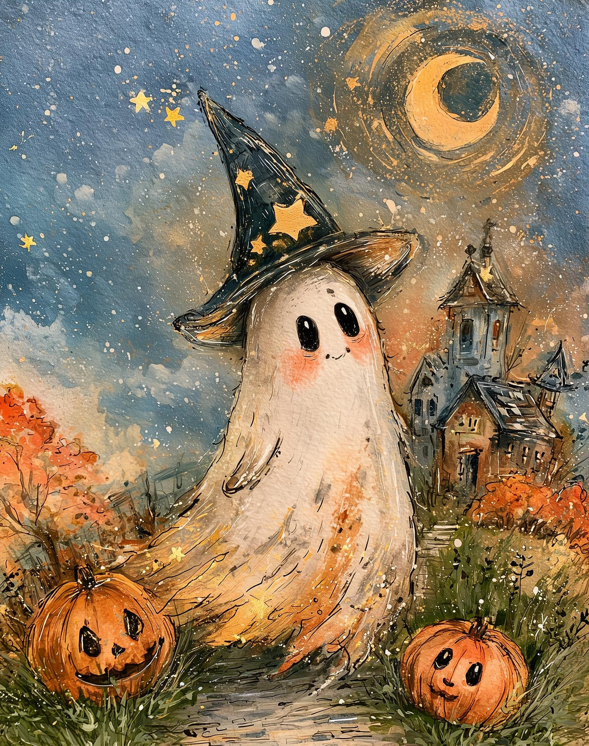 Starry Hat Ghost Halloween art print unframed, signed by Pattie Overcash
